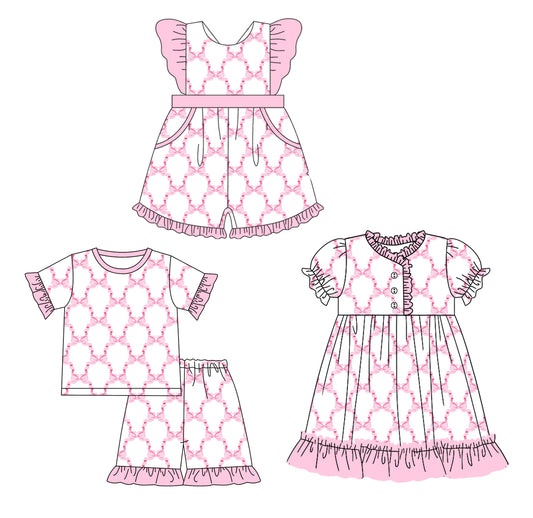 12.10 custom each style moq 5eta 4-6week Sibling Sister bow baby girl short sleeve shorts sets and dress and jumpsuits match family design
