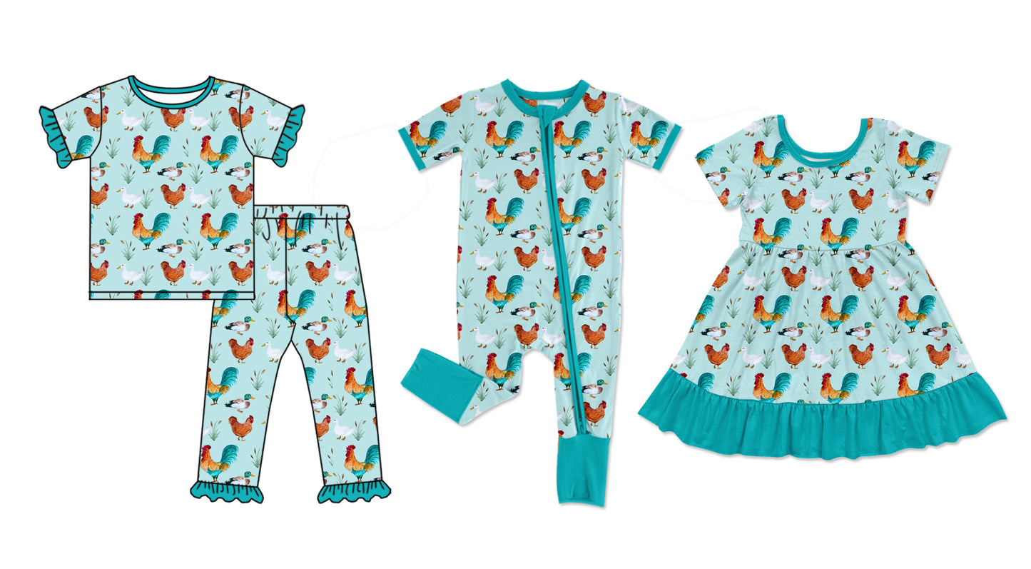25.5.24 custom each style moq 5eta 4-6week Sibling Sisters rooster baby girl short sleeve pants sets and dress and rompers match family design