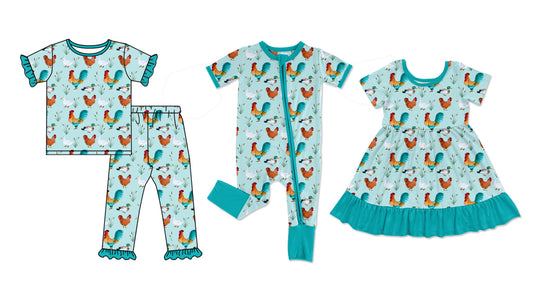 25.5.24 custom each style moq 5eta 4-6week Sibling Sisters rooster baby girl short sleeve pants sets and dress and rompers match family design