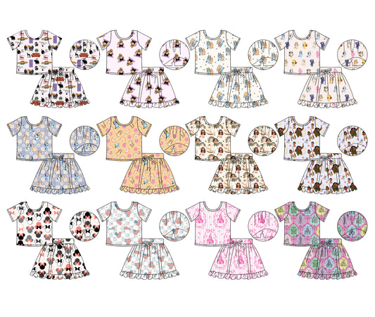 4.14 custom each style moq 5eta 4-6week Sibling Sister baby girls clothes Short sleeve skirts sets 1 and skirts sets 8 match family design