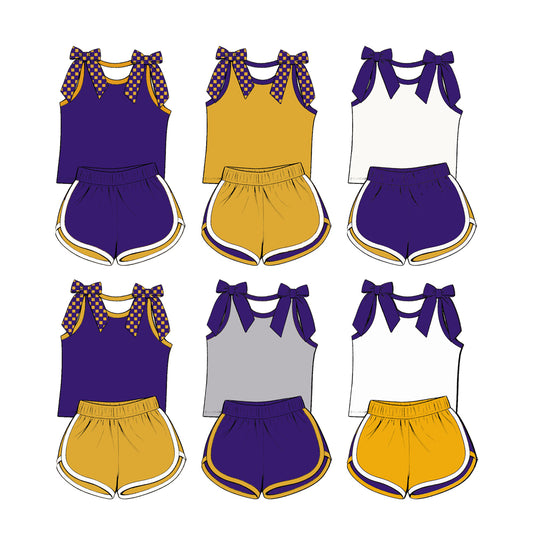 custom moq 5 mix size Baby Girls Bow Sleeveless Purple Top Shorts Summer Casual Clothes Set