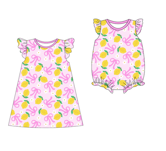 3.10 custom each style moq 5eta 4-6week Sibling Sister bow lemon baby girl short sleeve dress and rompers match family design
