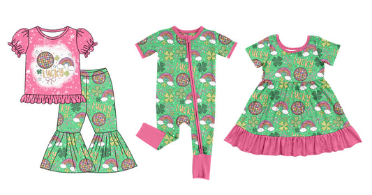 12.13 custom each style moq 5eta 4-6week Sibling Sister lucky baby girl sets and dress and rompers match family design