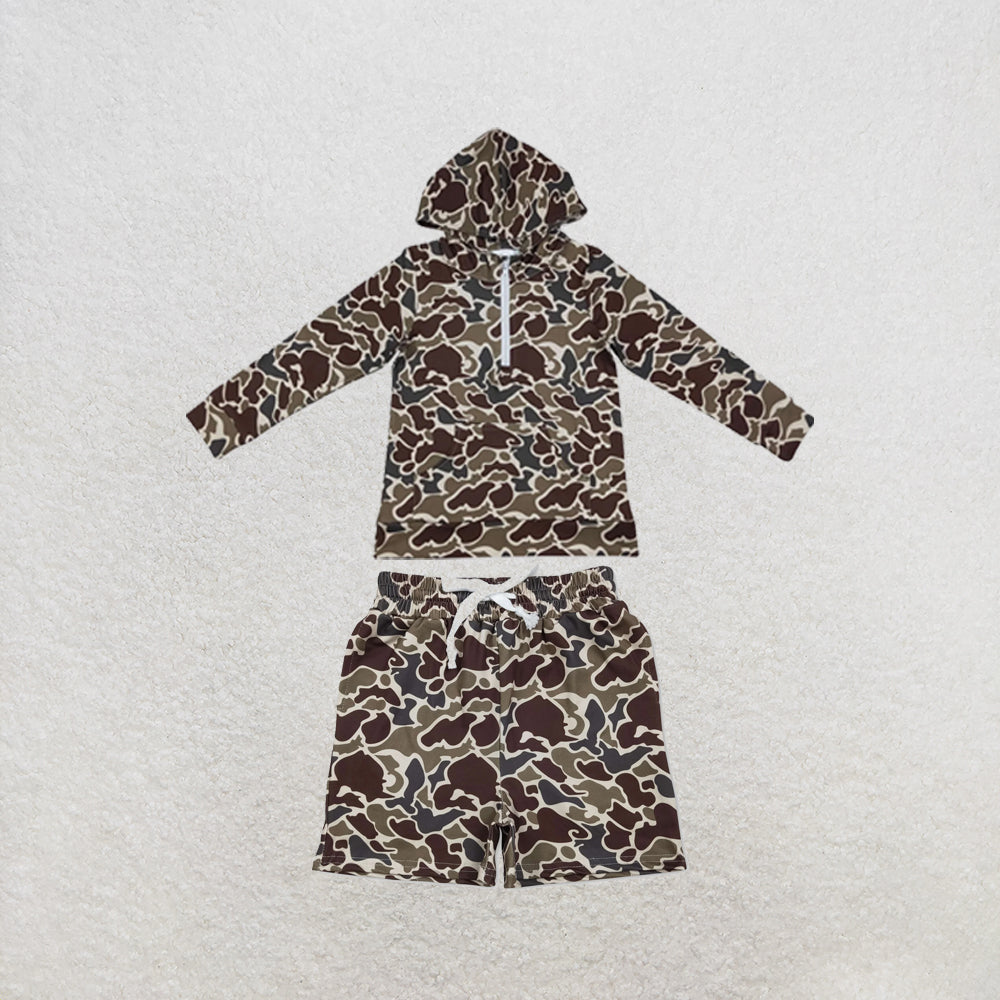 RTS NO MOQ Sibling milk silk Baby Boys Dark Khaki Camo Long Sleeve Hoodies Top Pocket Short Clothes Set