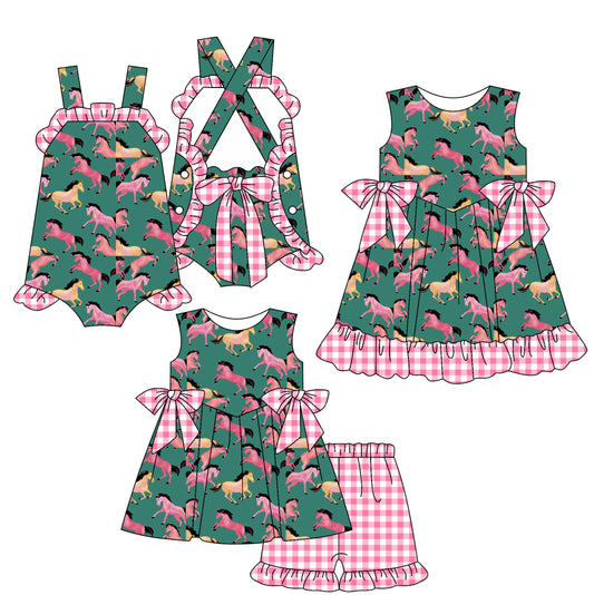2.15 custom each style moq 5eta 4-6week Sibling Sisters horse baby girl short sleeve shorts sets and dress and rompers match family design