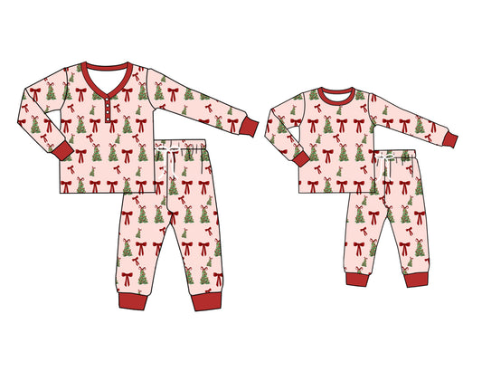 25.6.10 custom each style moq 5eta 4-6week Sibling Sister Christmas trees bow long sleeve pants sets and adult sets match design