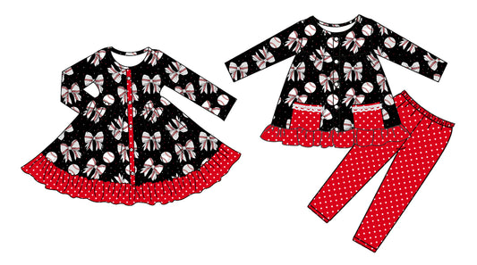25.8.14 custom each style moq 5eta 4-6week Sibling Sisters baseball bow baby girl long sleeve pants sets and dress match family design
