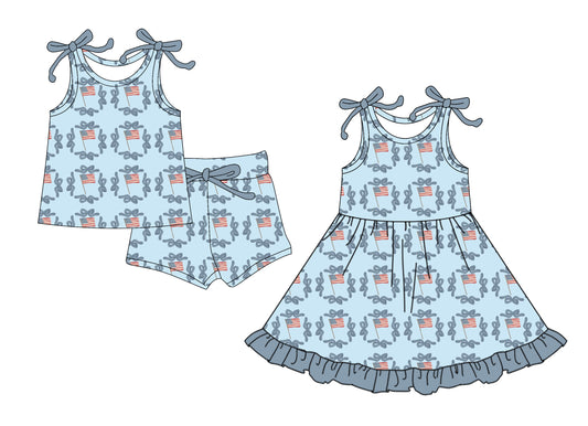4.15 custom each style moq 5eta 4-6week Sibling Sister bow flag baby girl short sleeve shorts sets and dresses match design