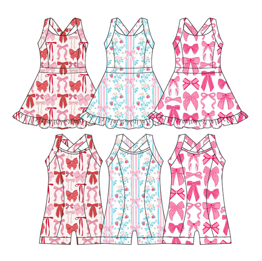 3.24 custom each style moq 5eta 4-6week Sibling Sister bow baby girls clothes Short sleeve yoga dress and yoga jumpsuit match family design