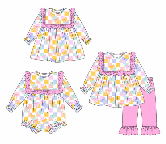 25.6.21 custom each style moq 5eta 4-6week Sibling Sisters plaid bow baby girl long sleeve pants sets and dress and rompers match family design