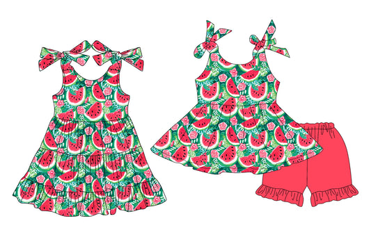 3.14 custom each style moq 5eta 4-6week Sibling Sister watermelon baby girl short sleeve shorts sets and dresses match design
