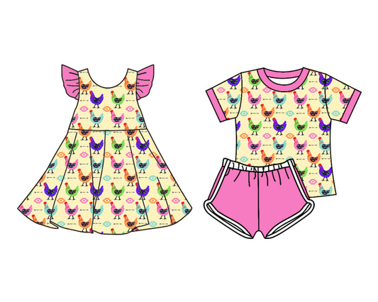 4.19 custom each style moq 5eta 4-6week Sibling Sister hen baby girl short sleeve shorts sets and dresses match design