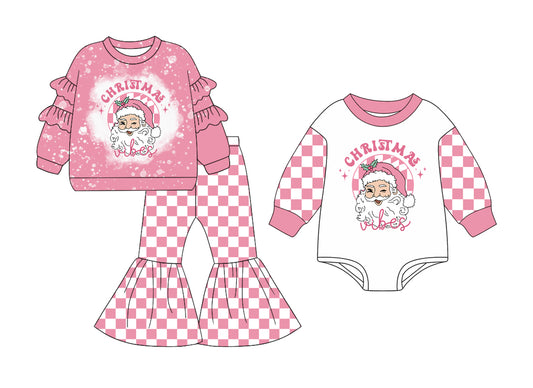 25.7.1 custom each style moq 5eta 4-6week Sibling Sisters Christmas pink baby girl long sleeve pants sets and rompers match family design