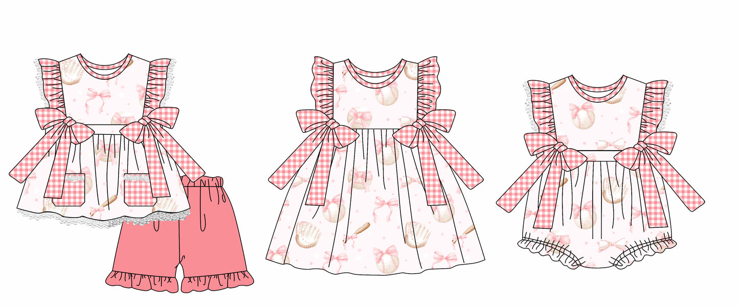 12.3 custom each style moq 5eta 4-6week Sibling Sister baseball bow baby girl short sleeve shorts sets and dress and rompers match family design