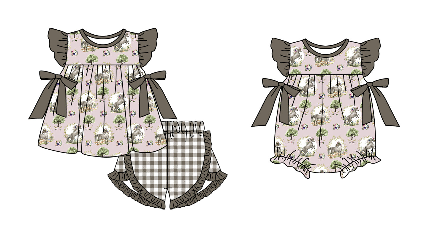 11.3 custom each style moq 5eta 4-6week Sibling Sister horse baby girl short sleeve shorts sets and rompers match design