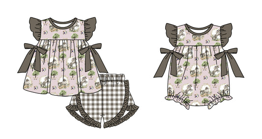 11.3 custom each style moq 5eta 4-6week Sibling Sister horse baby girl short sleeve shorts sets and rompers match design