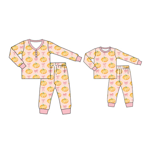 25.5.13 custom each style moq 5eta 4-6week Sibling Sister pumpkin bow long sleeve pants sets and adult sets match design