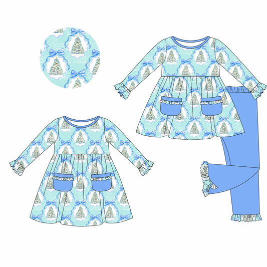 25.5.22 custom each style moq 5eta 4-6week Sibling Sisters Christmas trees bow blue baby girl long sleeve pants sets and dress match family design