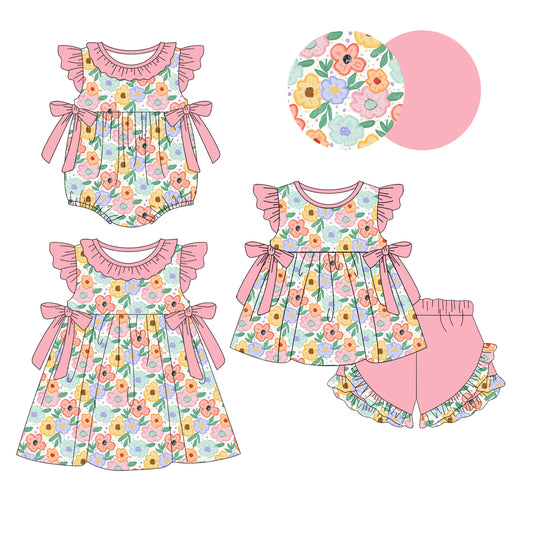4.16 custom each style moq 5eta 4-6week Sibling Sisters floral baby girl short sleeve shorts sets and dress and rompers match family design
