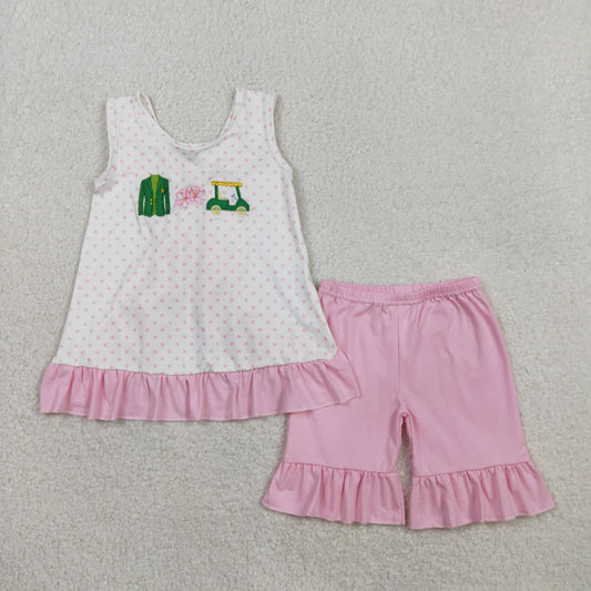 RTS NO MOQ（In Stock) GSSO2884 Embroidered Floral Golf Golf Sightseeing Cart Pink Polka Dot White Sleeveless Shorts Set