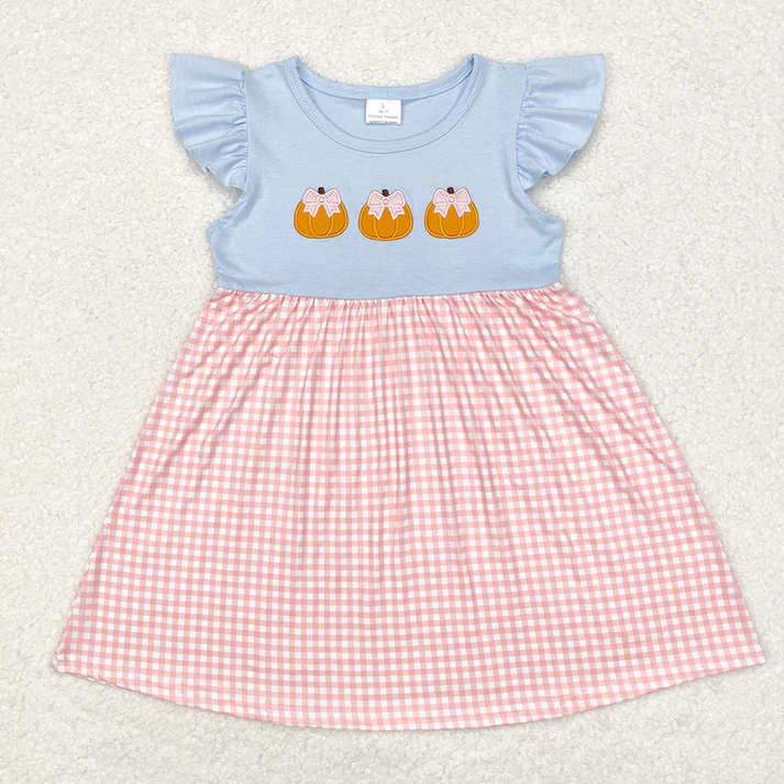 RTS NO MOQ Blue and pink plaid flying sleeve dress & romper with embroidered pumpkin pattern
