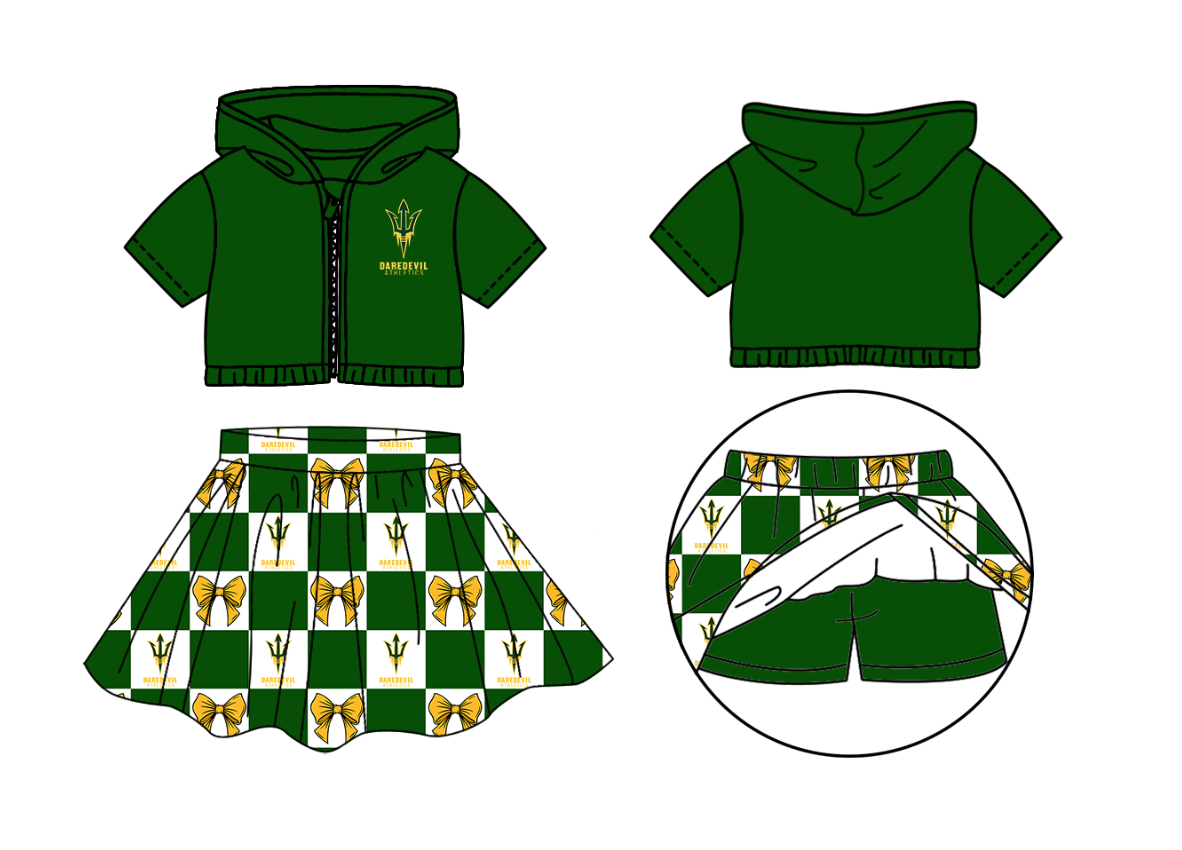 Custom moq 3 or 5 mix size milk silk summer teams baby girl clothes bow green zipper hooded short sleeve shorts skirts sets-26.1.20