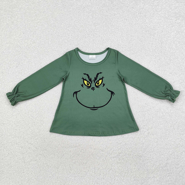 RTS NO MOQ Smiley Green Monster Pattern Dark Green Long Sleeve Top: Boys & Girls