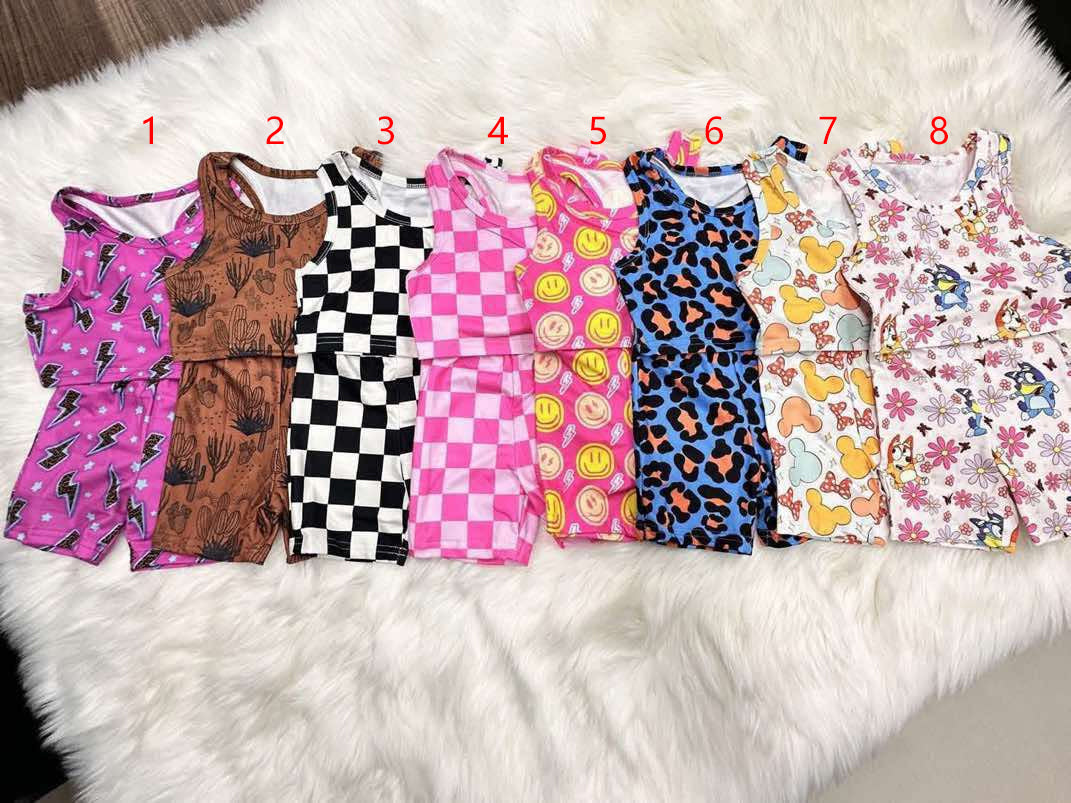 RTS Yoga Fabric Cycling Pants Suit Smiley Plaid Cute Summer Girl Suit