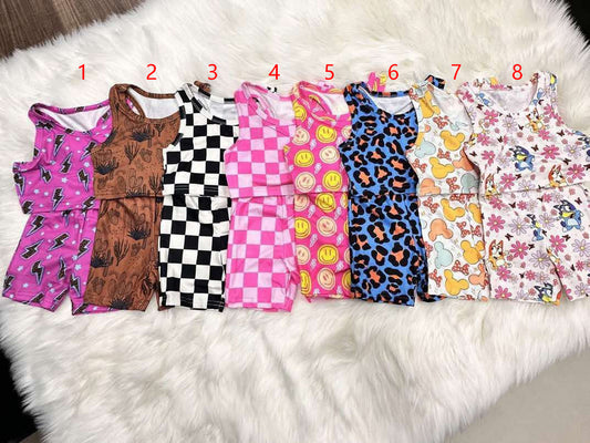 RTS Yoga Fabric Cycling Pants Suit Smiley Plaid Cute Summer Girl Suit