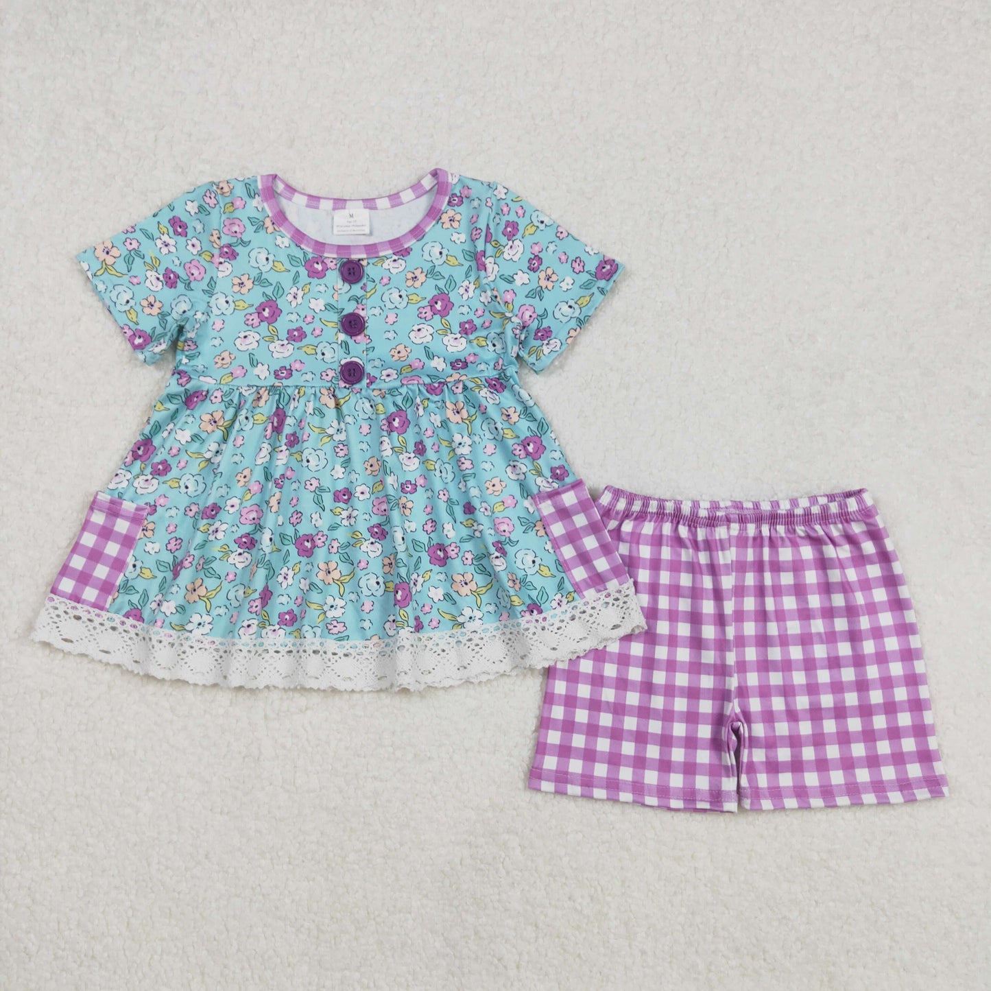 RTS NO MOQ ETA 5/7days Arrived GSSO2011 Floral purple plaid pocket blue short-sleeved shorts set