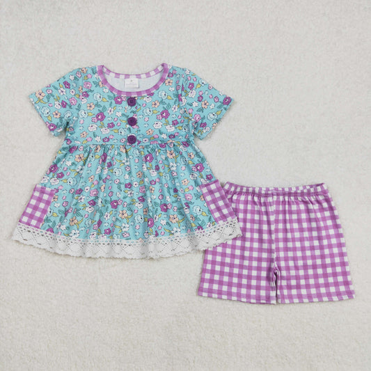 RTS NO MOQ ETA 5/7days Arrived GSSO2011 Floral purple plaid pocket blue short-sleeved shorts set