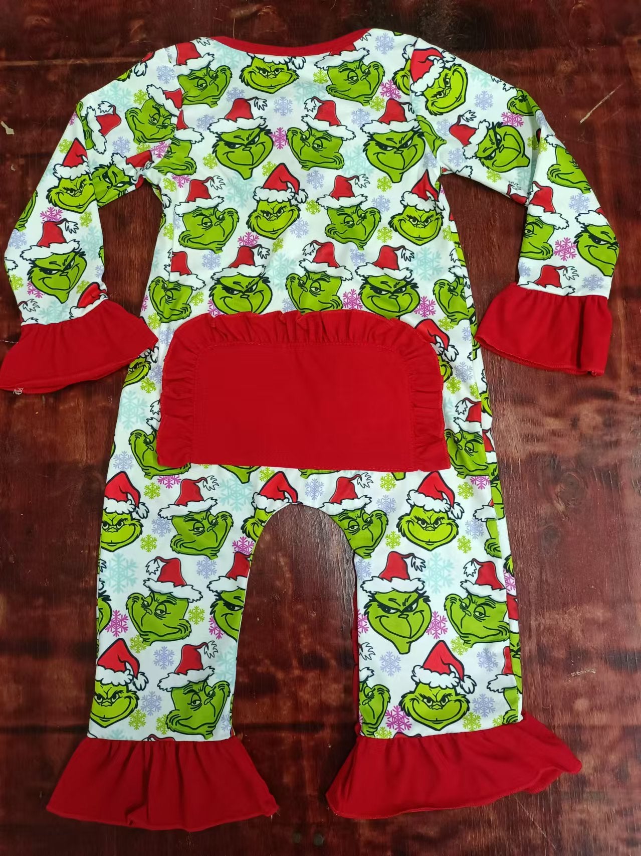 Custom moq 3 eta 6-7weeks Christmas Green Monster Print Red Loose Cuffs Long Creeper