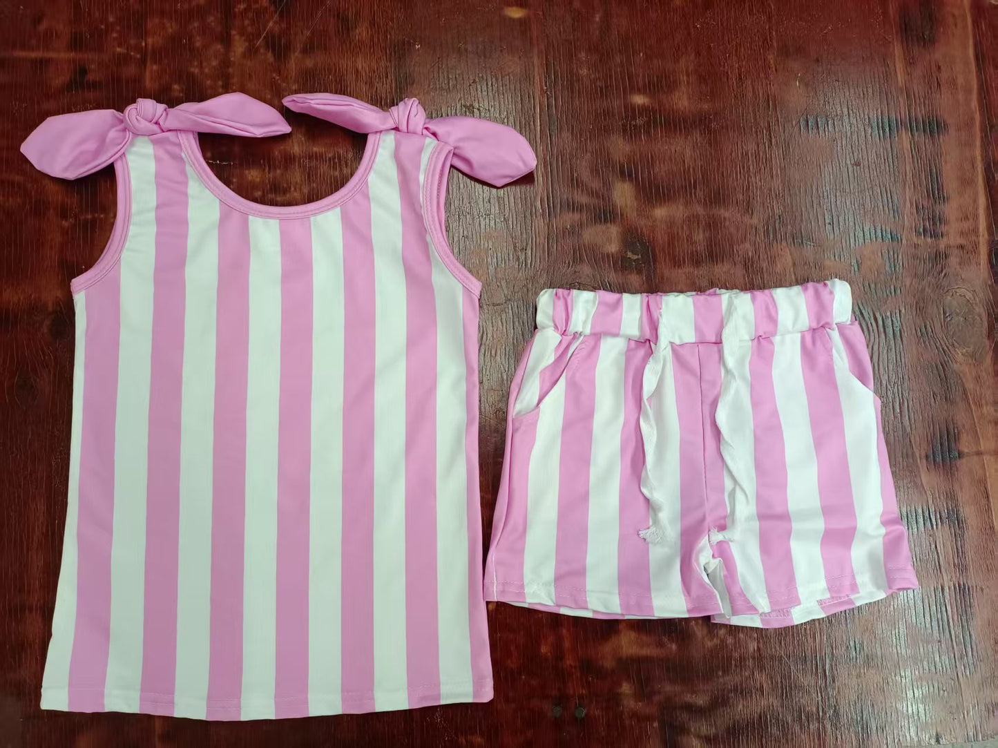 Custom moq 3 eta 6-7weeks baby girls clothes striped pink suspender shorts sets