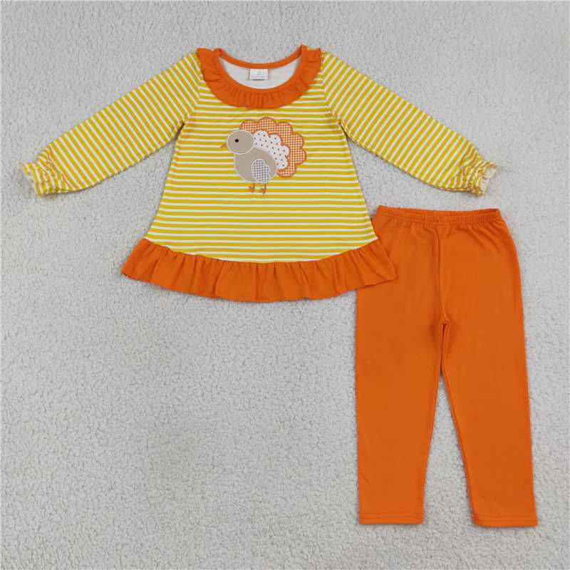 Baby Girls Thanksgiving Patchwork Turkey Yellow Striped Ruffle Romper & Tunic Pants Set Collection