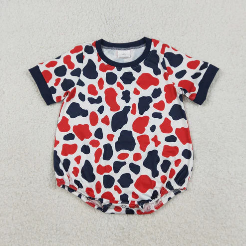 RTS NO MOQ Sibling Baby Boys 4th of July Clothes Set Red Blue Cow Print Button Tops Shorts Rompers for Boys
