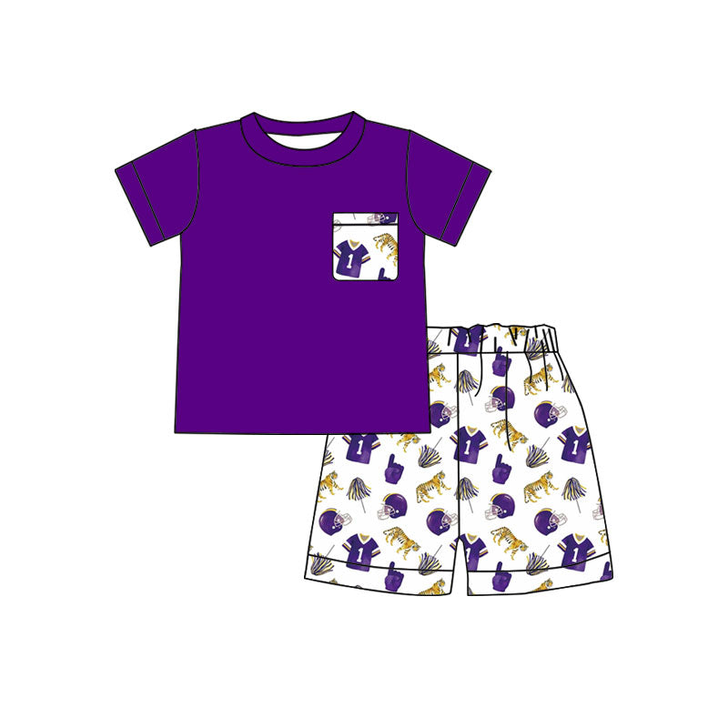 custom moq 5 mix size BYWY0101 Baby Boys Purple Gold Team Sport Print Polo Shirt Pocket Tee Shorts Hoodie And Sleeveless Romper Outfit Set