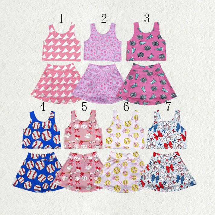 RTS NO MOQ Sibling baby girl clothes baseball sleeveless skirt yoga set