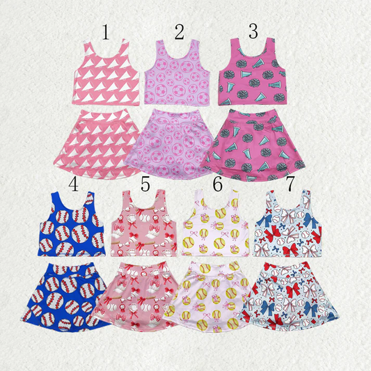 RTS NO MOQ Sibling baby girl clothes baseball sleeveless skirt yoga set
