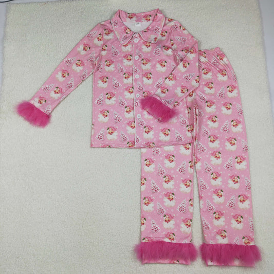 RTS NO MOQ（In Stock) GLP2718 Adult Women's Santa Claus Tree Snowflake Plush Trim Pink Long-Sleeved Pants Set