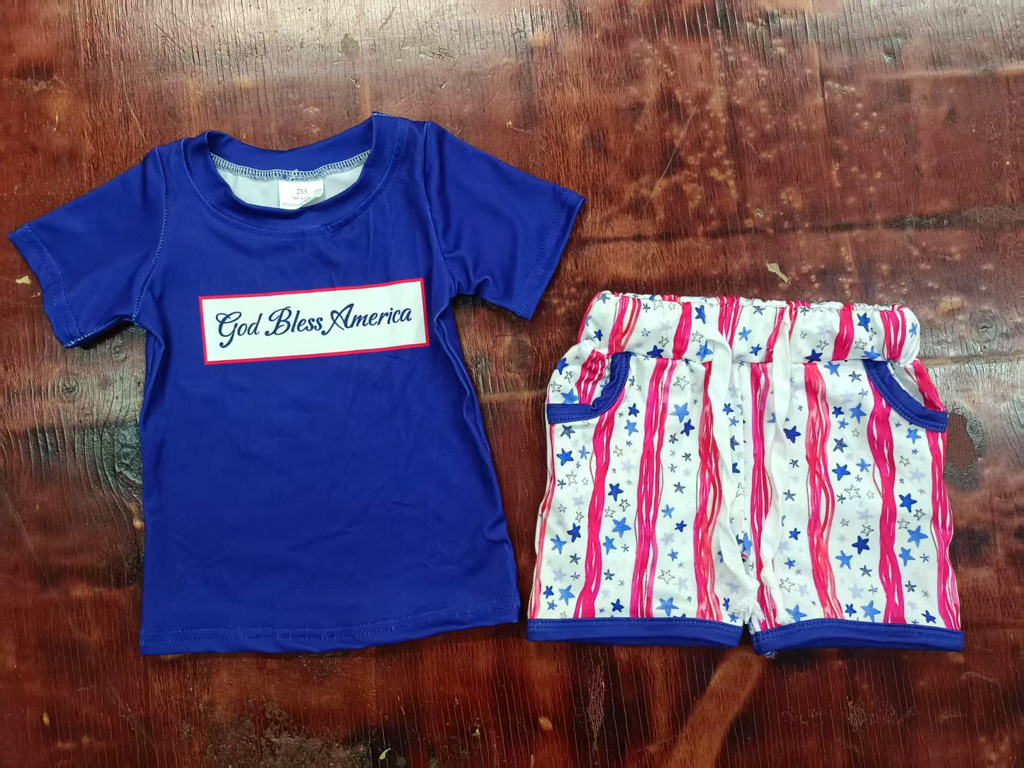 Custom moq 3 eta 6-7weeks baby boys clothes god bless america blue short Sleeve shorts sets