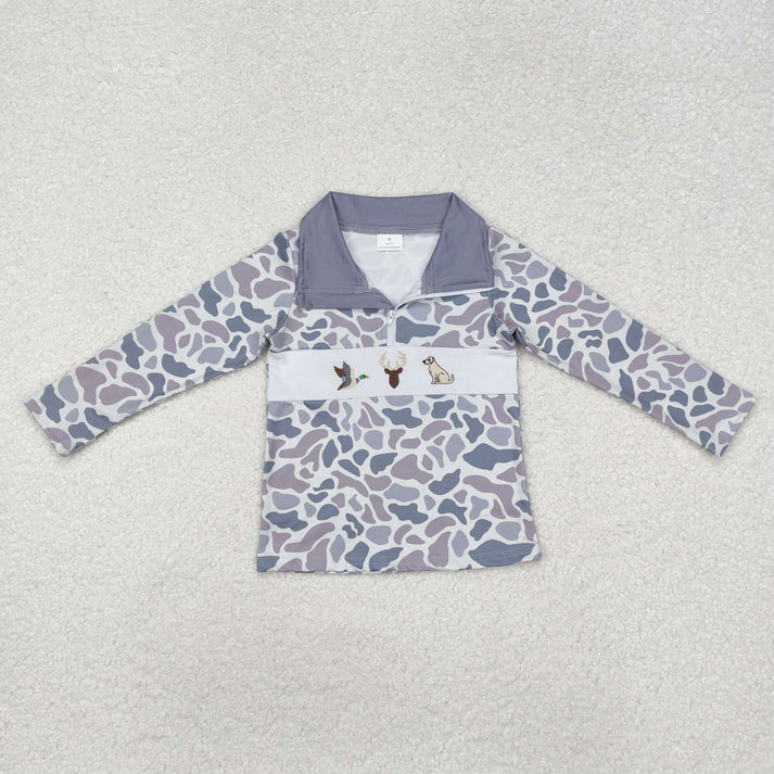 RTS NO MOQ Sibling baby boy clothes embroidery camouflage duck zipper long-sleeved tops