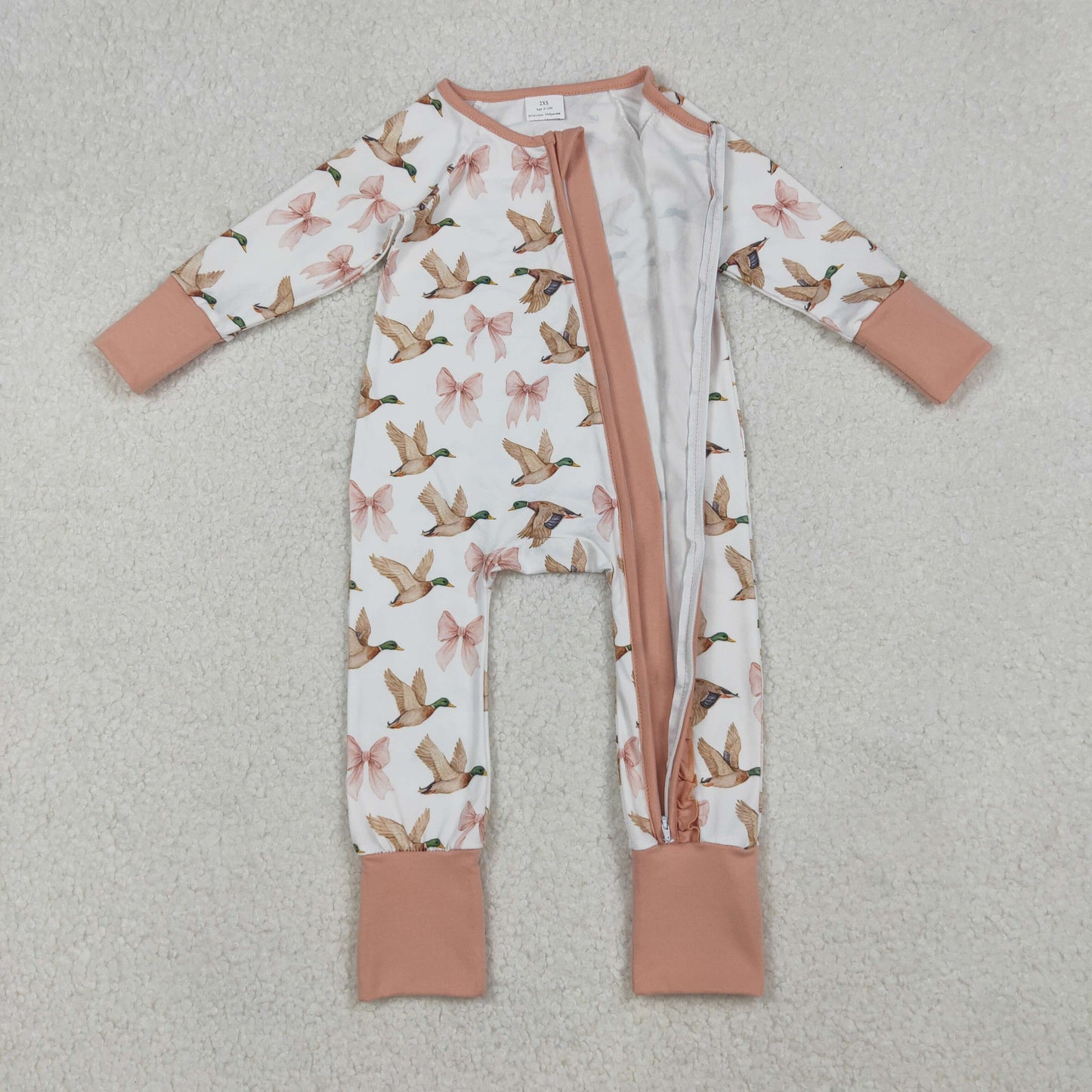 RTS NO MOQ（In Stock) LR2545 Duck Bow Pattern White Zip Long Sleeve Romper