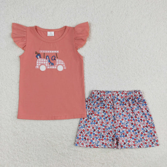 rts no moq GSSO0669 Embroidery Golf Sightseeing Car Pink Flying Sleeve Flower Floral Shorts Suit
