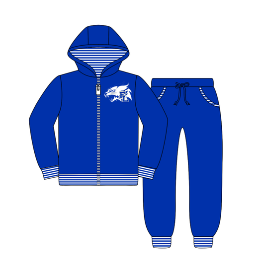 Custom moq 5 mix size milk silk summer teams baby girls clothes blue hooded long sleeve pants sets-25.8.5