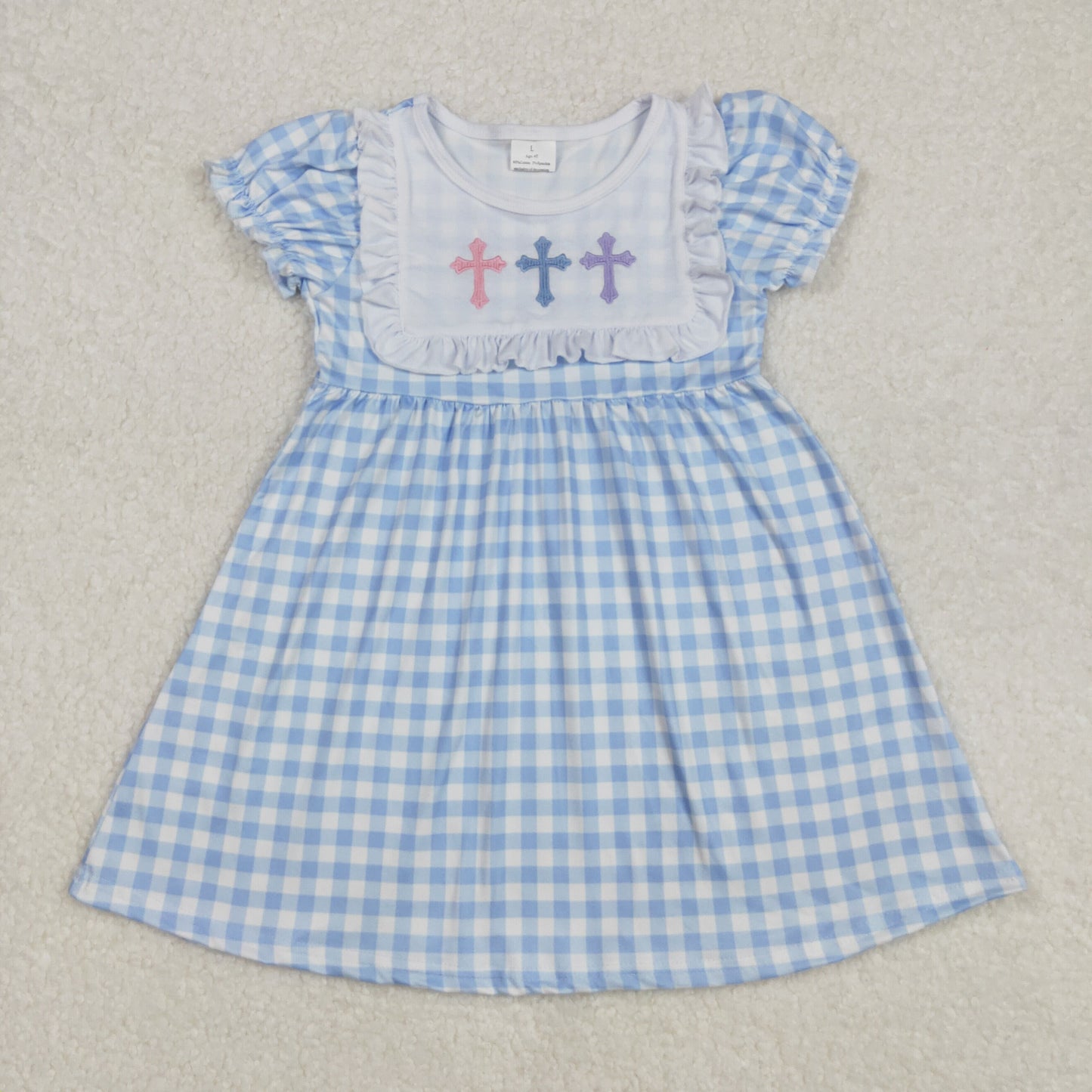 RTS NO MOQ ETA 5/7days Arrived GSD1522 Embroidered cross lace blue plaid short-sleeved dress