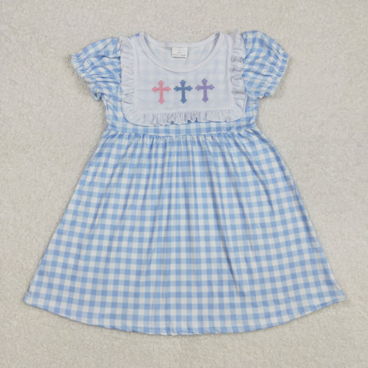 RTS NO MOQ ETA 5/7days Arrived GSD1522 Embroidered cross lace blue plaid short-sleeved dress