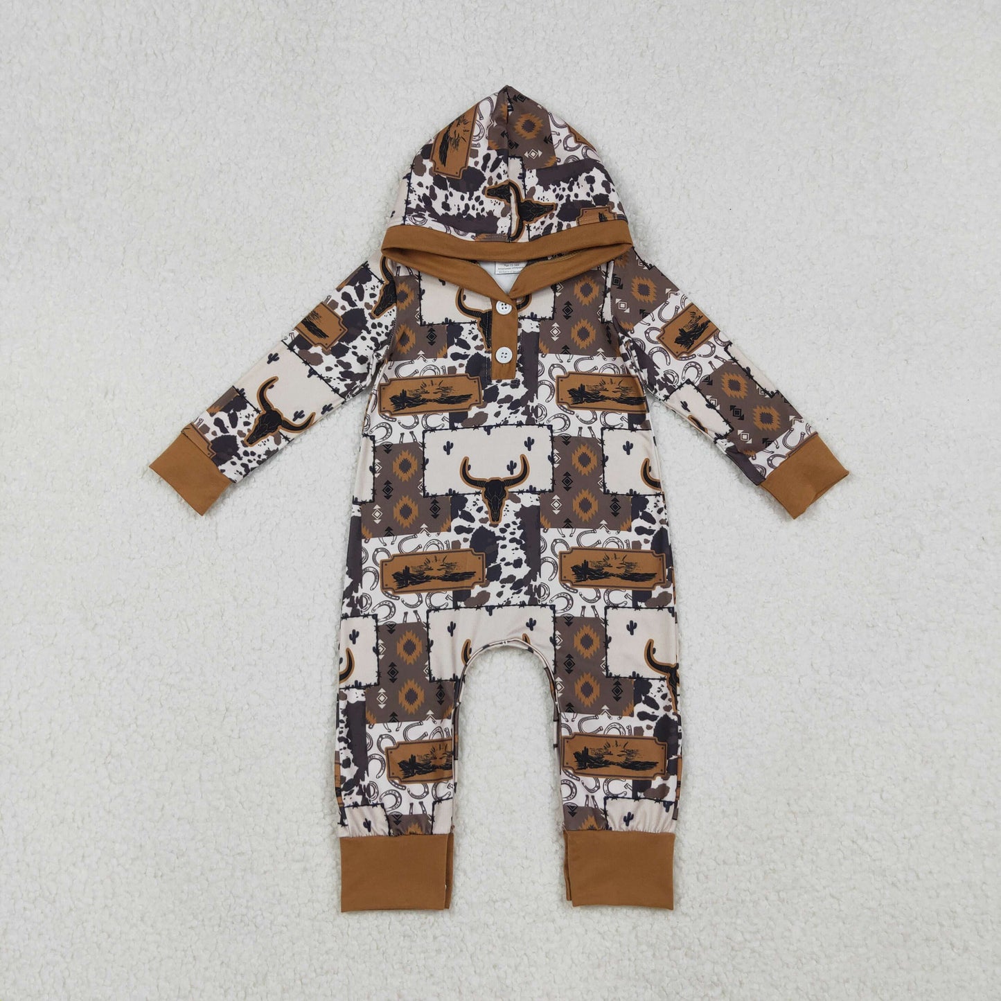 RTS NO MOQ（In Stock) Alpine Bullhead Geometric Button Hooded Long Sleeve Romper