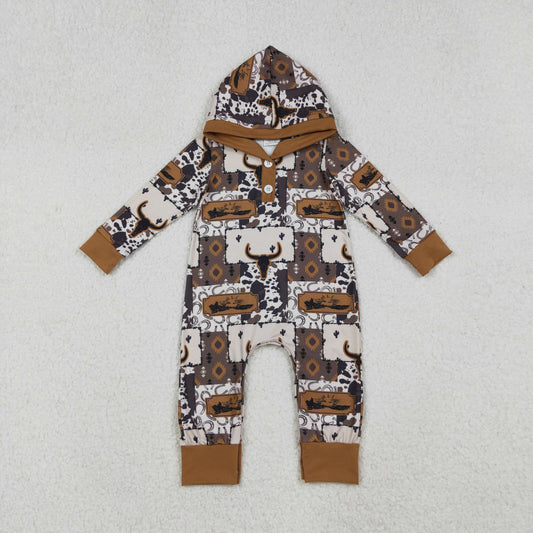 RTS NO MOQ（In Stock) LR2592 Alpine Bullhead Geometric Button Hooded Long Sleeve Romper