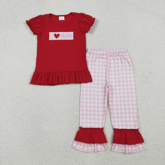 RTS NO MOQ（In Stock) GSPO2071 Embroidered "I Love Mom" red lace short-sleeved pink plaid pant set