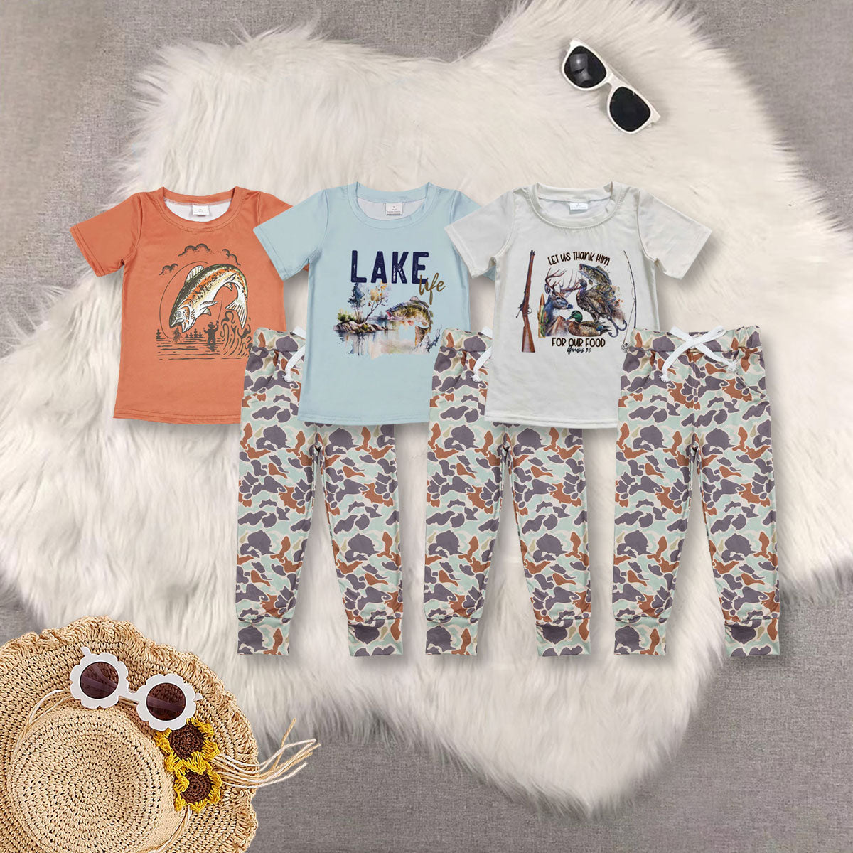 RTS NO MOQ Sibling baby boy clothes camouflage Fishing and Hunting Elk and Duck Beige Short-Sleeved Top